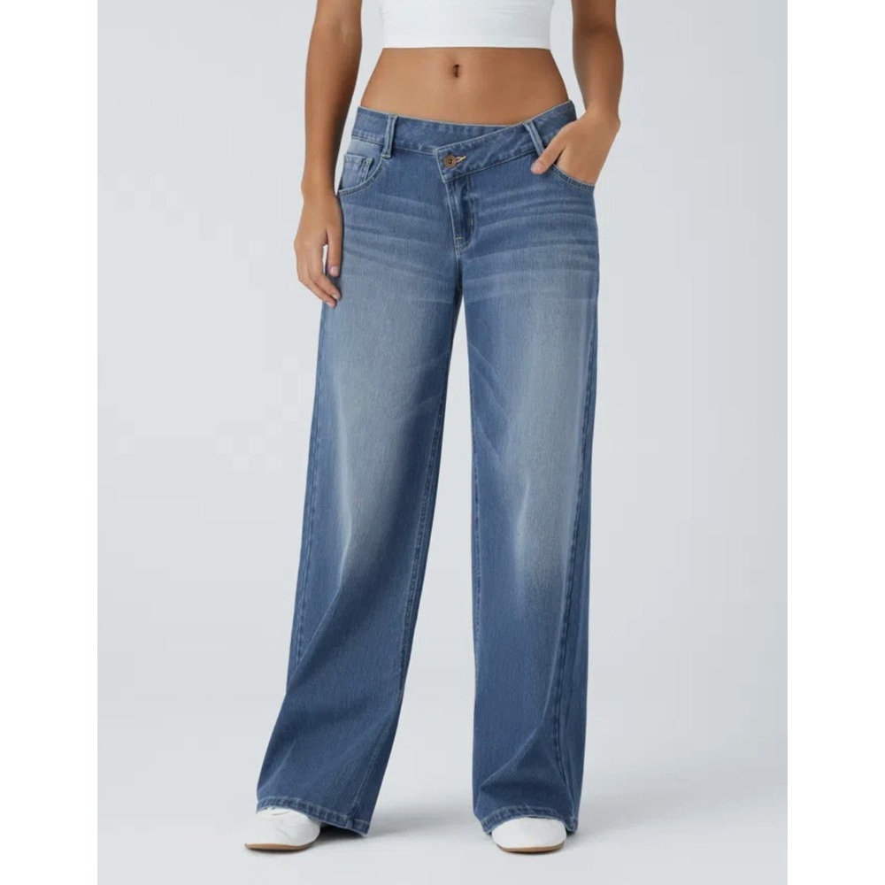 Halara Flex Low Rise Zipper Pockets Washed Baggy Wide Leg Jeans Size M
